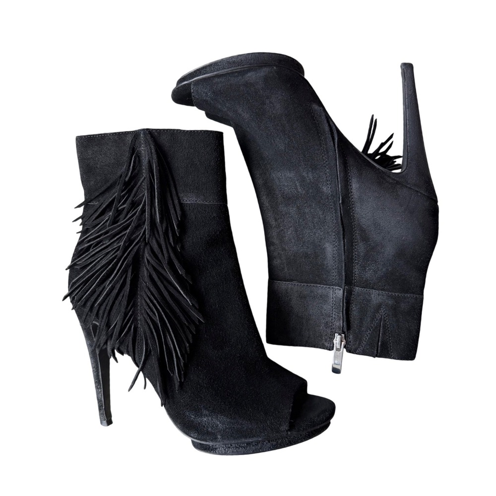 BCBG Genie Black Suede Fringe Peep Toe Ankle Booties Side Zip Y2K Cowgirl 10
